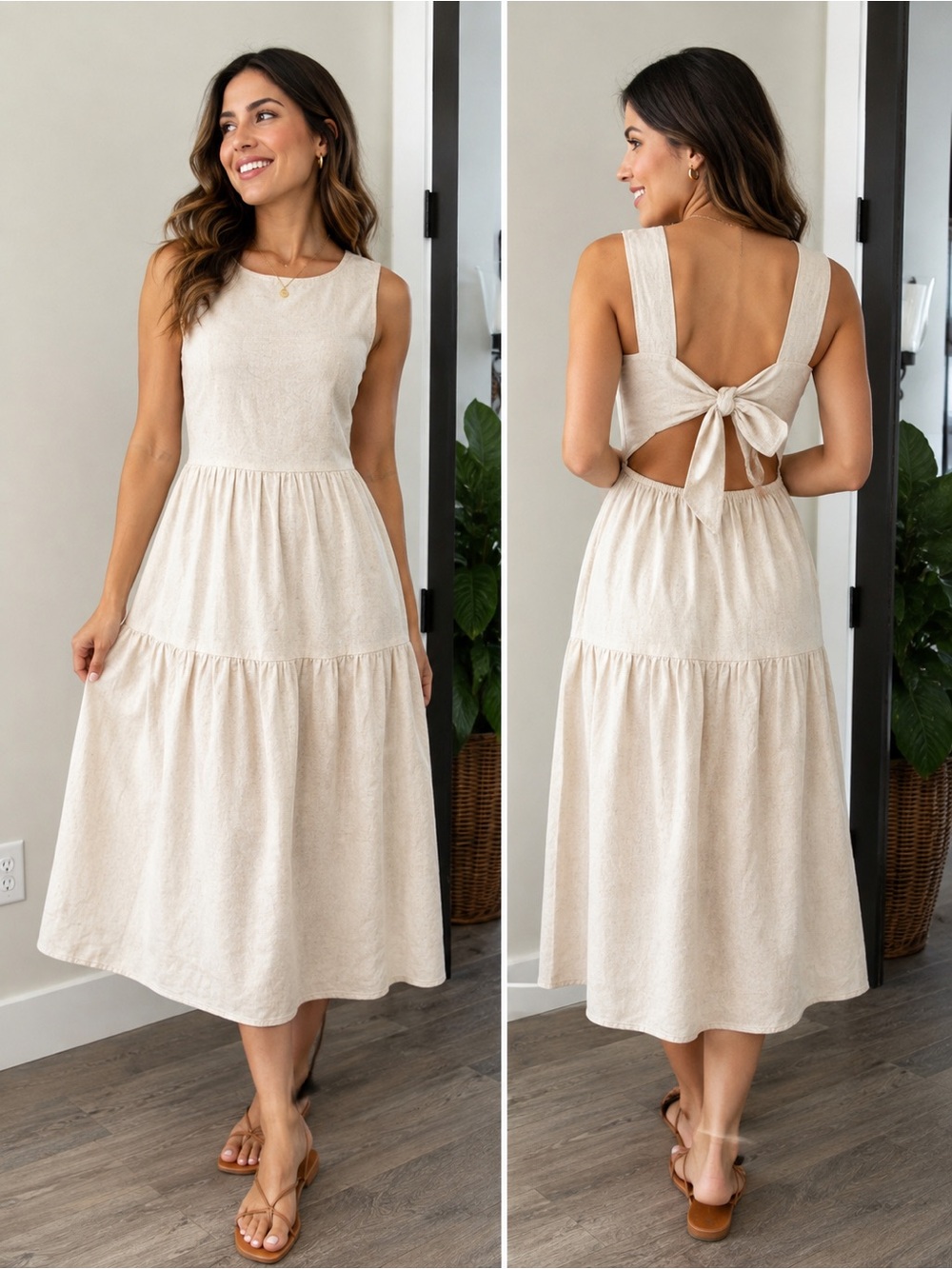 Petal & Pup 100% Linen Beige Tie-Back Tiered Midi Dress Size 4 - Picture 1 of 14